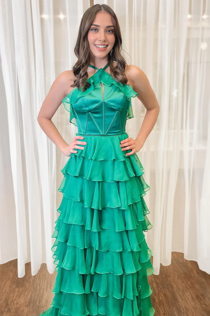 A-line Halter Keyhole Sleeveless Ruffle Tiered Prom Dress with Slit