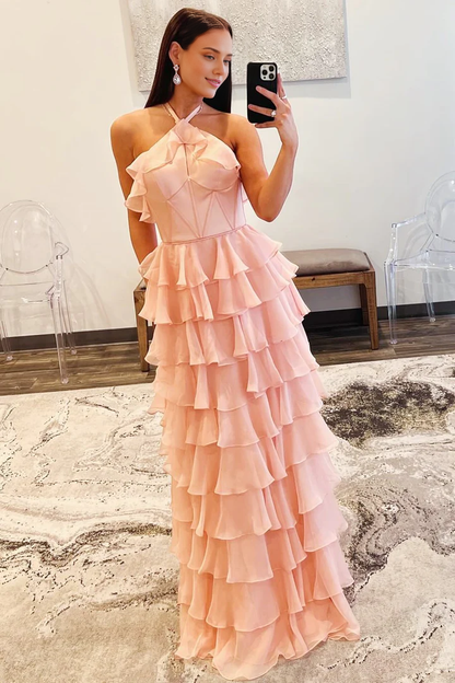 A-line Halter Keyhole Sleeveless Ruffle Tiered Prom Dress with Slit