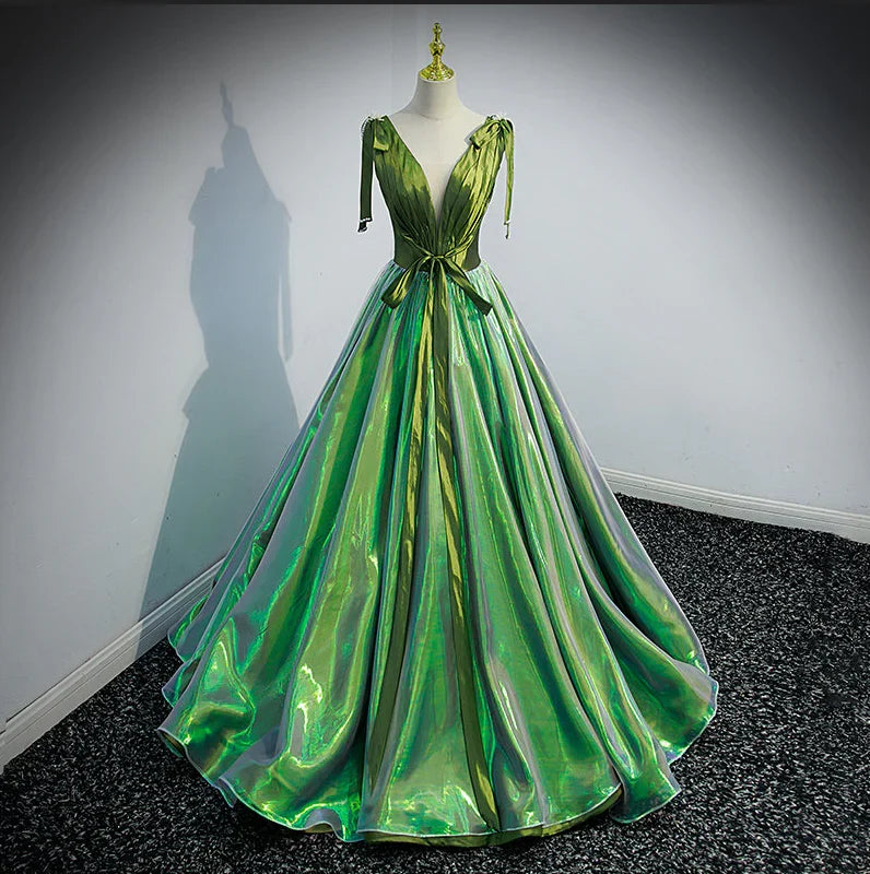 Formal Women's Dresses Green Deep V-neck Elegant Ruched A-line Lace Up Party Formal Gown Prom Dress Stores