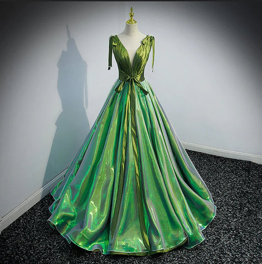 Formal Women's Dresses Green Deep V-neck Elegant Ruched A-line Lace Up Party Formal Gown Prom Dress Stores