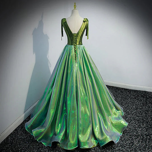 Formal Women's Dresses Green Deep V-neck Elegant Ruched A-line Lace Up Party Formal Gown Prom Dress Stores