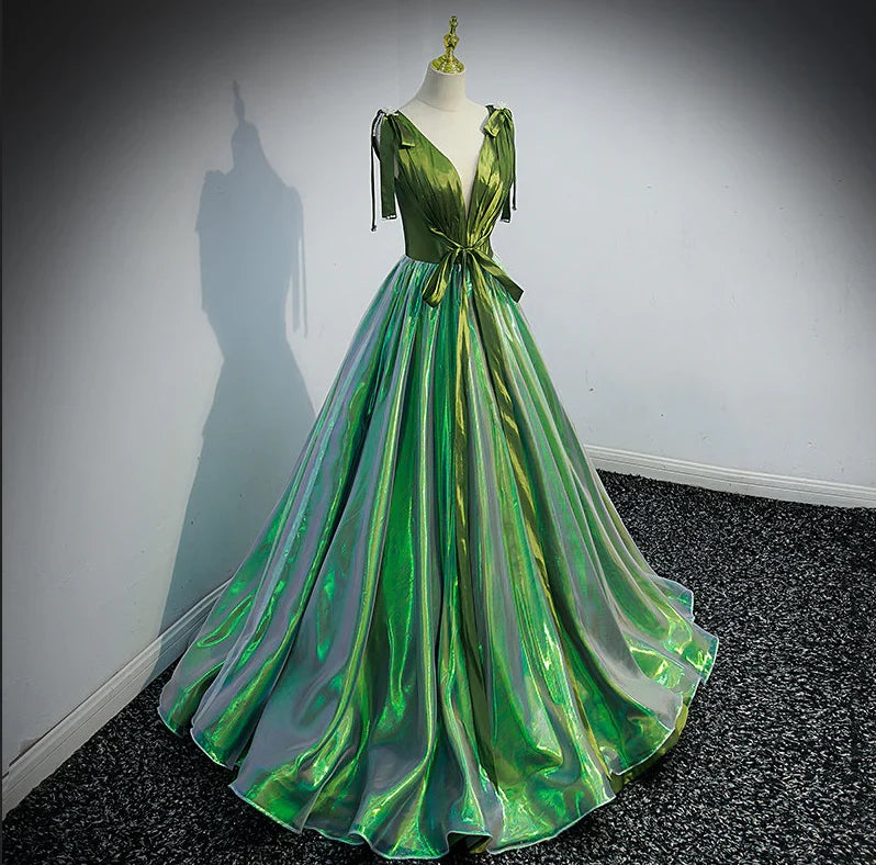 Formal Women's Dresses Green Deep V-neck Elegant Ruched A-line Lace Up Party Formal Gown Prom Dress Stores