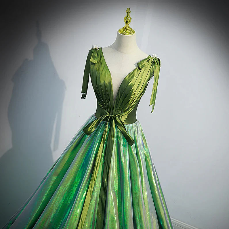 Formal Women's Dresses Green Deep V-neck Elegant Ruched A-line Lace Up Party Formal Gown Prom Dress Stores