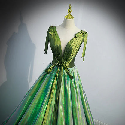 Formal Women's Dresses Green Deep V-neck Elegant Ruched A-line Lace Up Party Formal Gown Prom Dress Stores