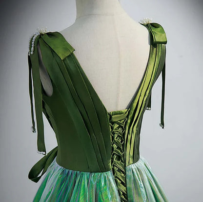 Formal Women's Dresses Green Deep V-neck Elegant Ruched A-line Lace Up Party Formal Gown Prom Dress Stores