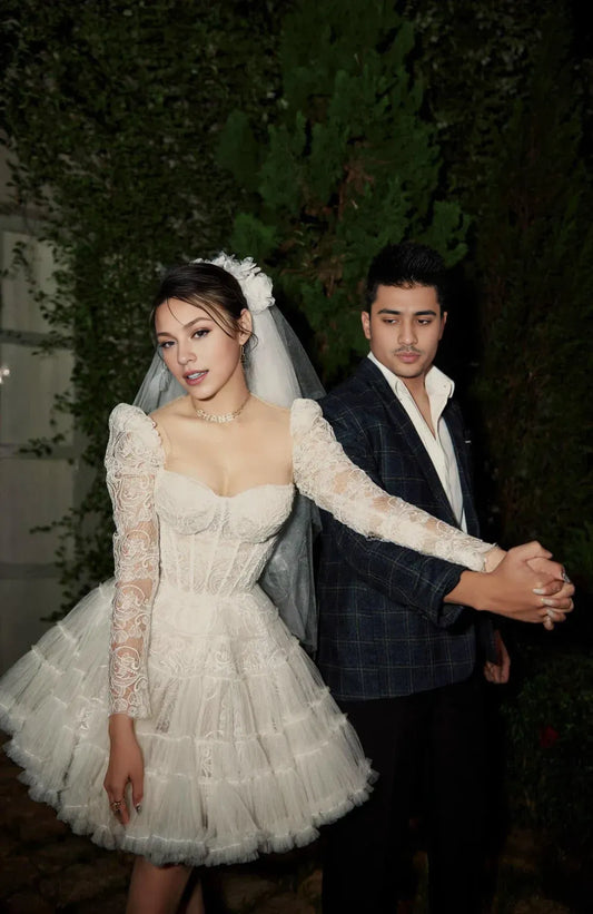 A-line Lace Wedding Dress Ivory Dress Bridal Dress Engagement Dress Mini Wedding Dress Dress Gift For Her Long Sleeves Dress ﻿