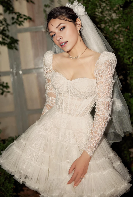A-line Lace Wedding Dress Ivory Dress Bridal Dress Engagement Dress Mini Wedding Dress Dress Gift For Her Long Sleeves Dress ﻿