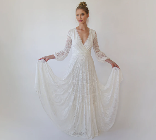 A-line Layered Skirt Maxi Lace Wedding Dress Wrap Neckline Puffy Bracelet Sleeves Deep V Neck Bride Dress