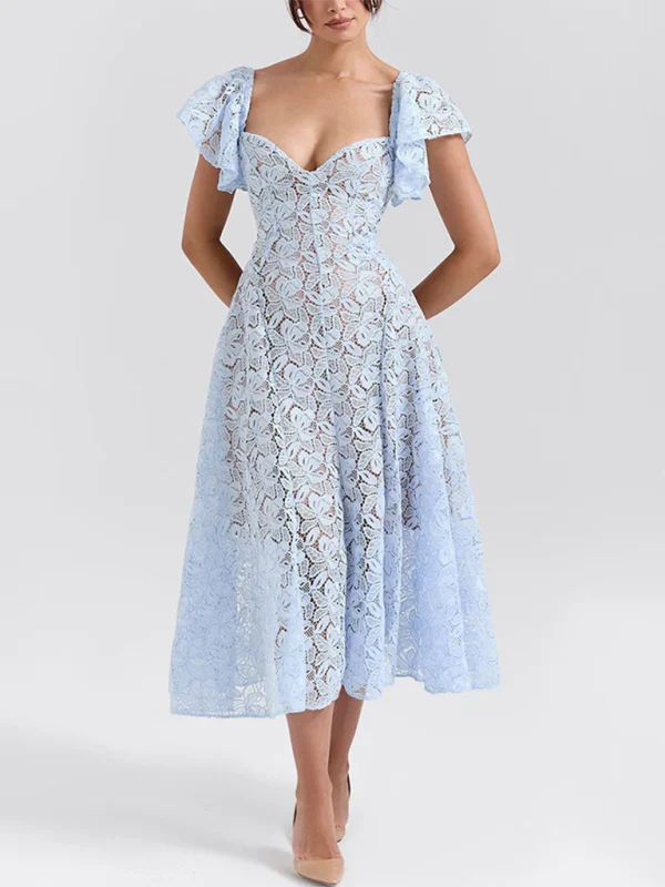 A-line Low Neck Tea-Length Lace Ruffle Sleeve Prom Dresses