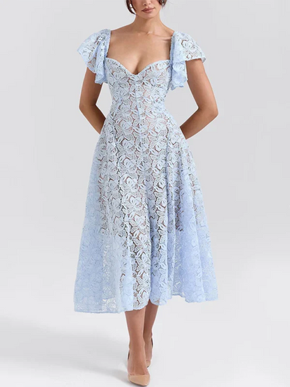 A-line Low Neck Tea-Length Lace Ruffle Sleeve Prom Dresses