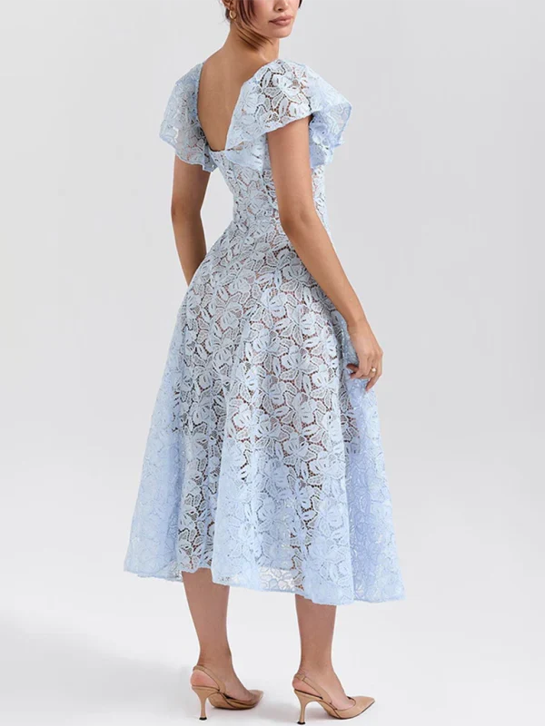 A-line Low Neck Tea-Length Lace Ruffle Sleeve Prom Dresses