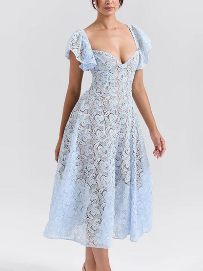 A-line Low Neck Tea-Length Lace Ruffle Sleeve Prom Dresses