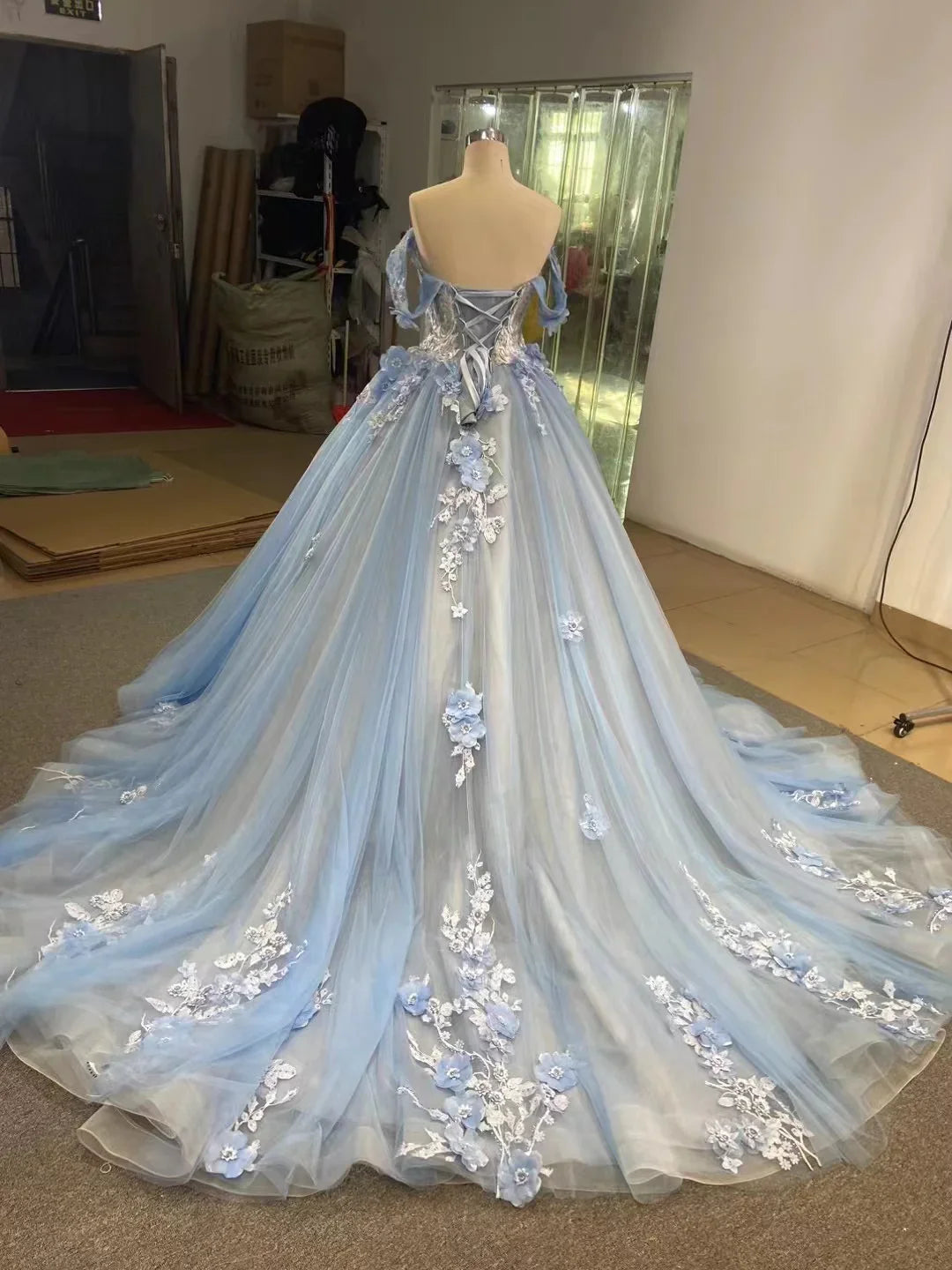A-line Off-the-Shoulder Backless Lace With Train Tulle Evening Party Dresses With Applique
