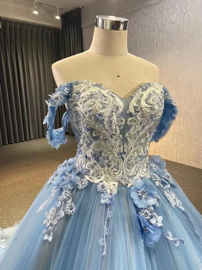 A-line Off-the-Shoulder Backless Lace With Train Tulle Evening Party Dresses With Applique