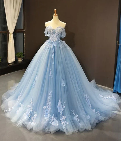 A-line Off-the-Shoulder Backless Lace With Train Tulle Evening Party Dresses With Applique
