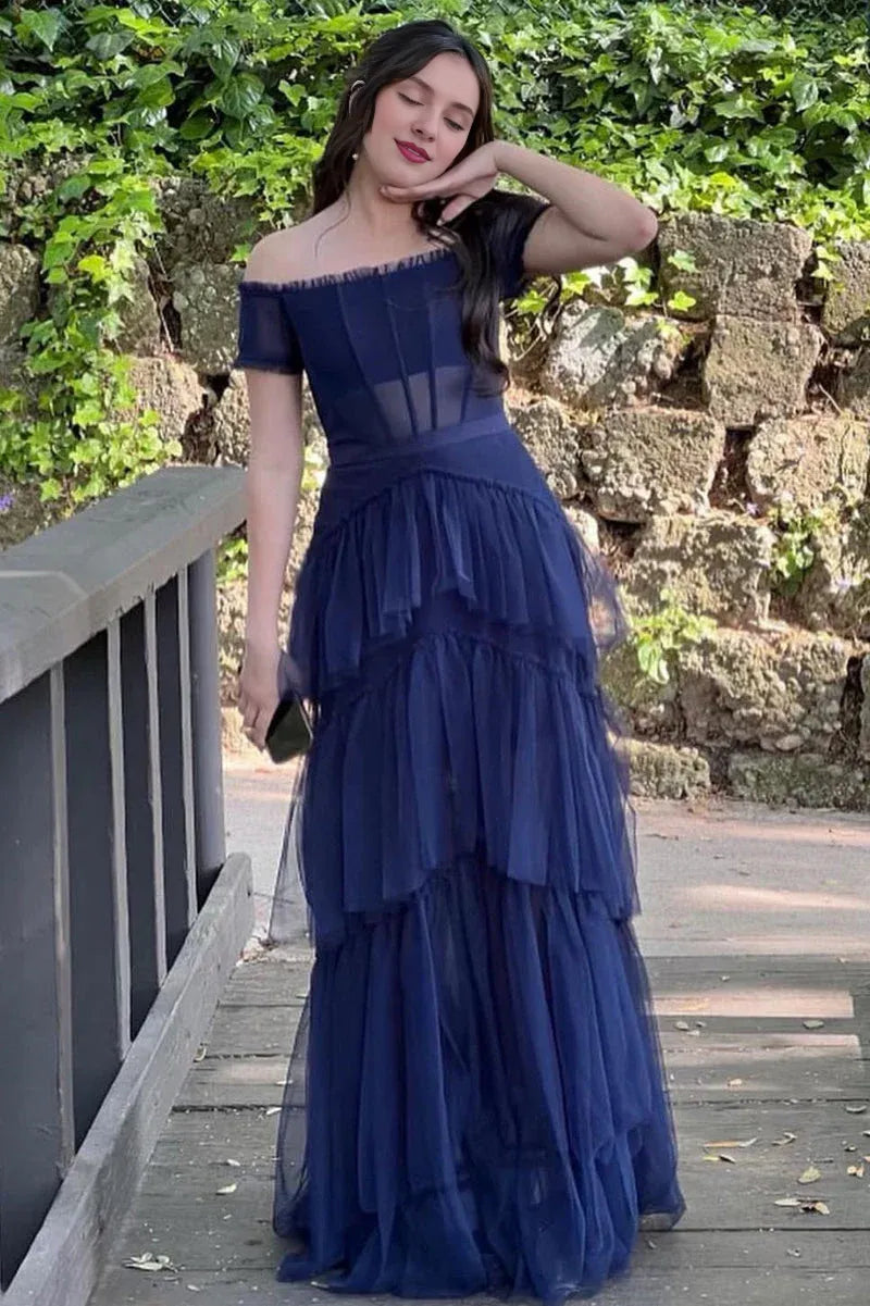 A-line Off-the-Shoulder Multi Layer Floor Length Prom Evening Dress Tulle Formal Dress