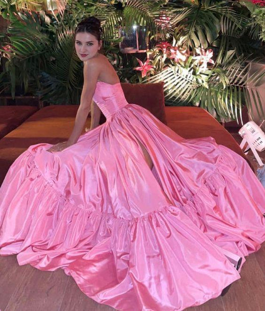 A-line Off-the-Shoulder Pink Leg Split Prom Dress Women Sexy Party Dresses
