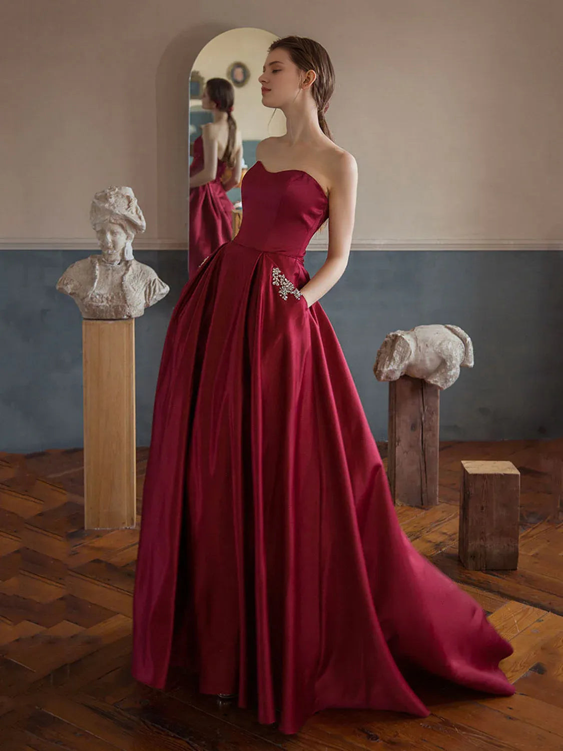 A-line Off-the-Shoulder Simple Burgundy Satin Sleeveless Prom Dress With Pocket