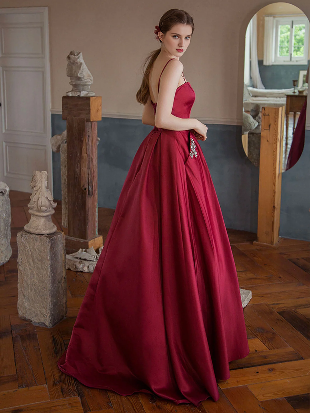 A-line Off-the-Shoulder Simple Burgundy Satin Sleeveless Prom Dress With Pocket