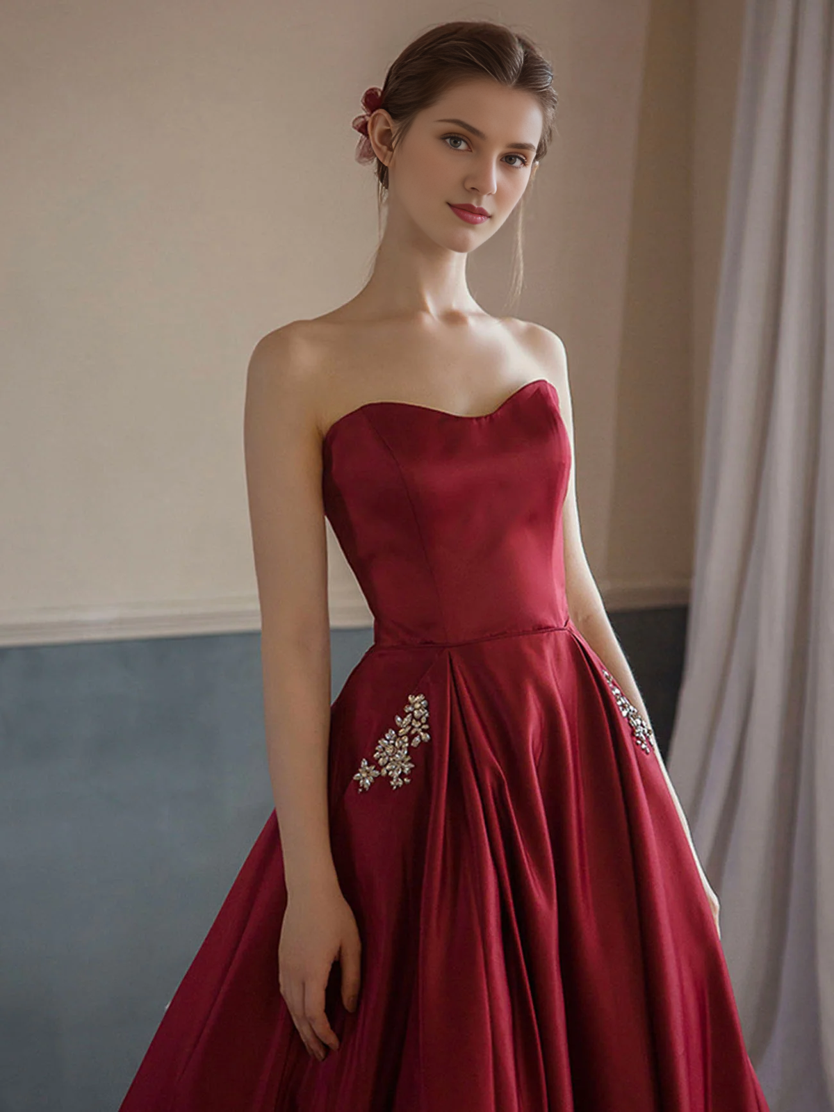 A-line Off-the-Shoulder Simple Burgundy Satin Sleeveless Prom Dress With Pocket