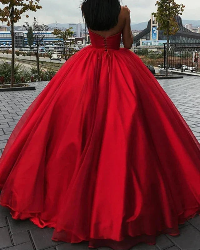 A-line Off-the-Shoulder Sweetheart Strapless Red Evening Dress Satin Sweet ﻿