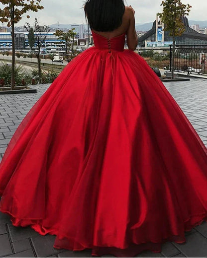 A-line Off-the-Shoulder Sweetheart Strapless Red Evening Dress Satin Sweet ﻿