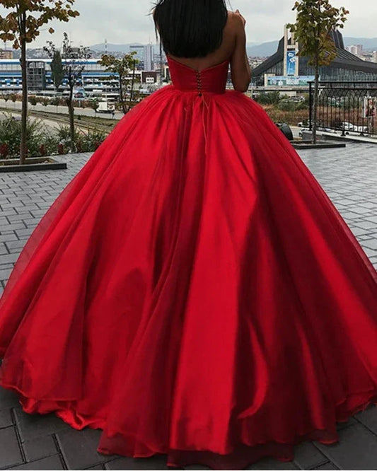 A-line Off-the-Shoulder Sweetheart Strapless Red Evening Dress Satin Sweet ﻿