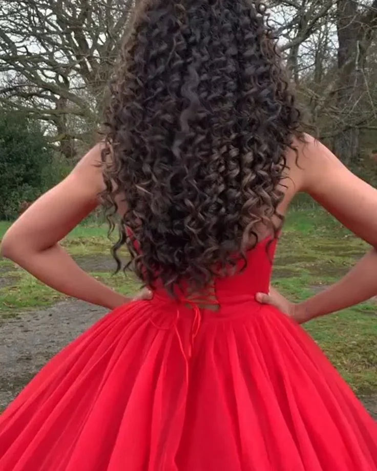A-line Off-the-Shoulder Sweetheart Strapless Red Evening Dress Satin Sweet ﻿