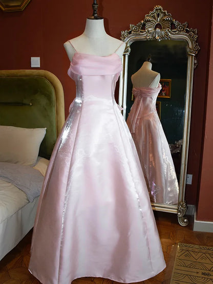 A-line Off-the-Shoulder Vintage Satin Spaghetti Straps Princess Evening Dress