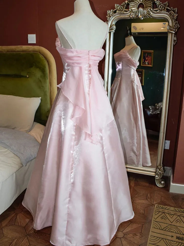A-line Off-the-Shoulder Vintage Satin Spaghetti Straps Princess Evening Dress