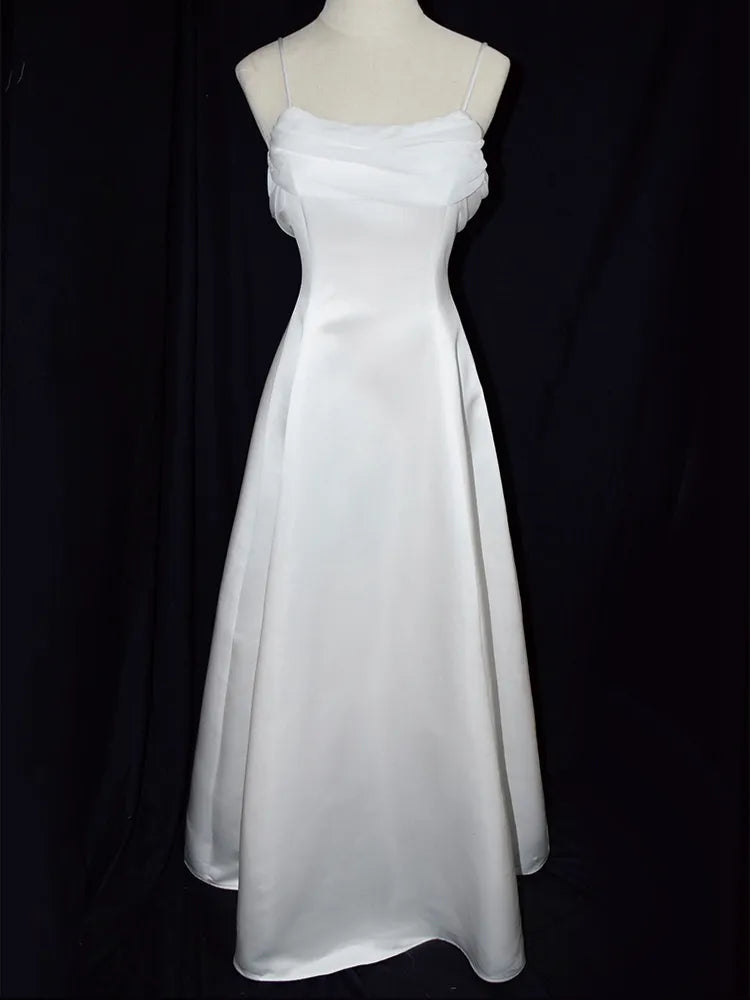 A-line Off-the-Shoulder Vintage White Satin Spaghetti Straps Evening Dress