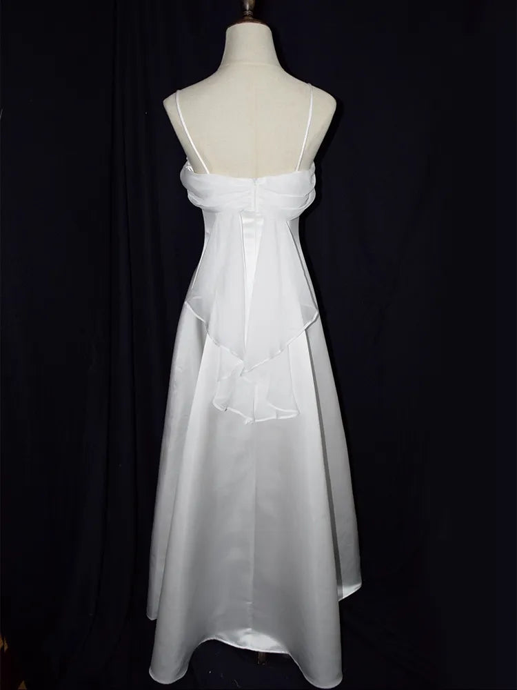 A-line Off-the-Shoulder Vintage White Satin Spaghetti Straps Evening Dress