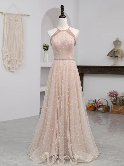 A-line Off Shoulder Simple Sleeveless Tulle Floor Length Prom Dress