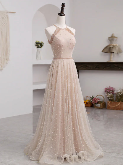 A-line Off Shoulder Simple Sleeveless Tulle Floor Length Prom Dress