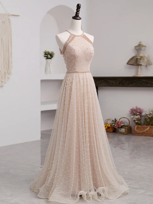 A-line Off Shoulder Simple Sleeveless Tulle Floor Length Prom Dress