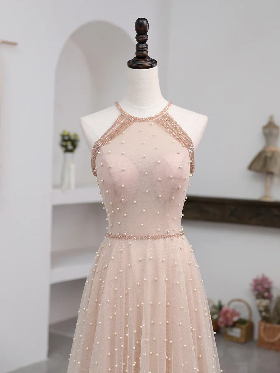A-line Off Shoulder Simple Sleeveless Tulle Floor Length Prom Dress