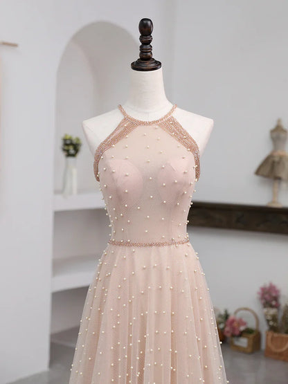 A-line Off Shoulder Simple Sleeveless Tulle Floor Length Prom Dress
