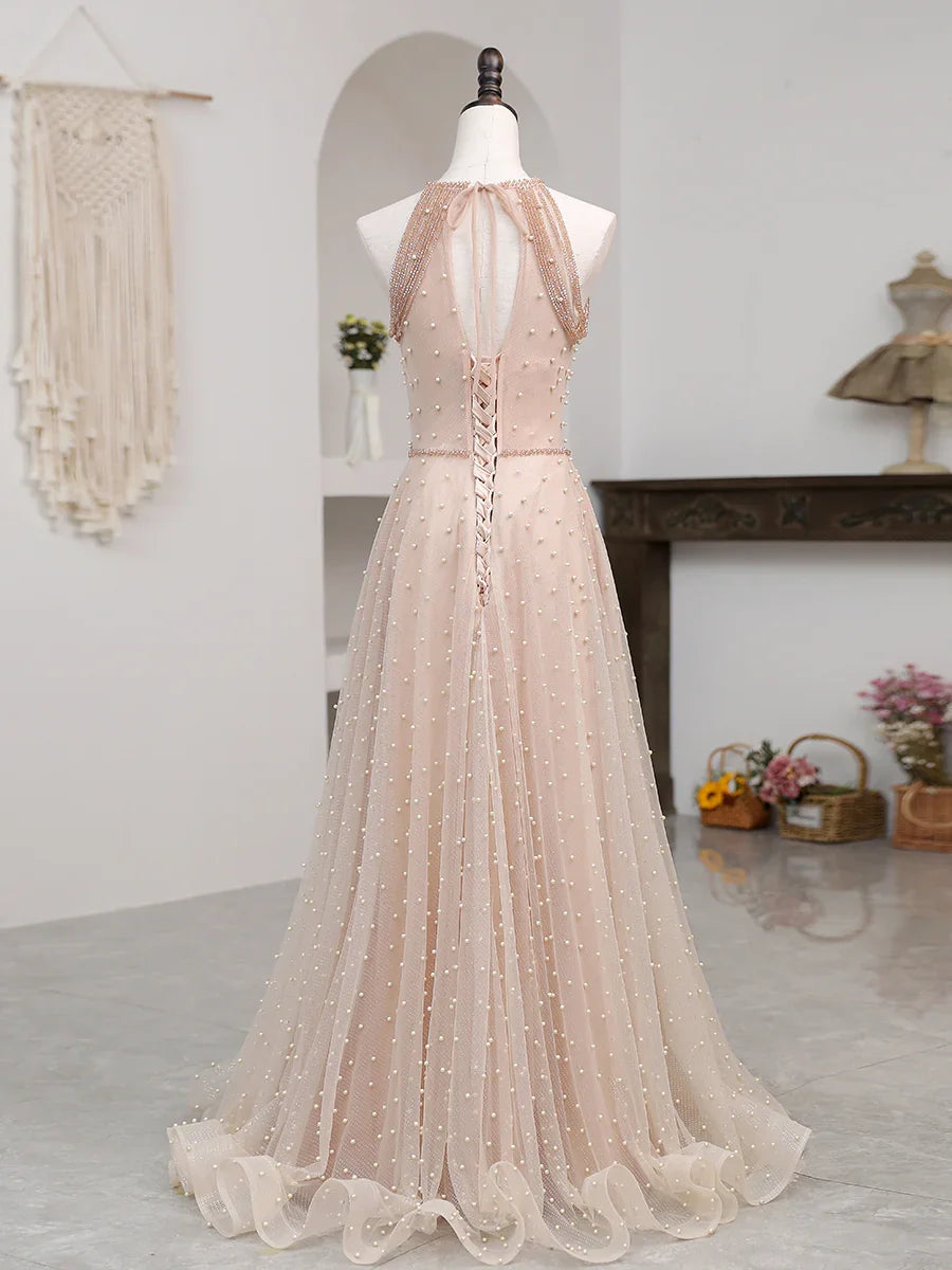 A-line Off Shoulder Simple Sleeveless Tulle Floor Length Prom Dress