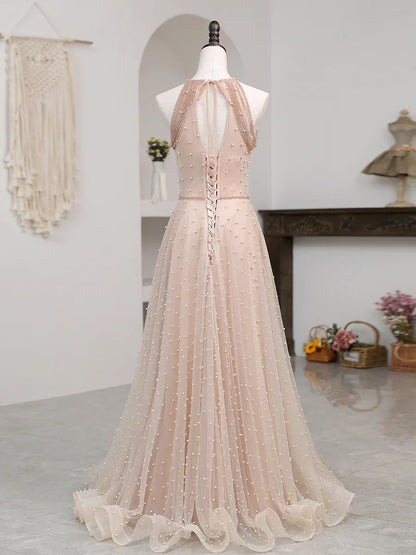 A-line Off Shoulder Simple Sleeveless Tulle Floor Length Prom Dress