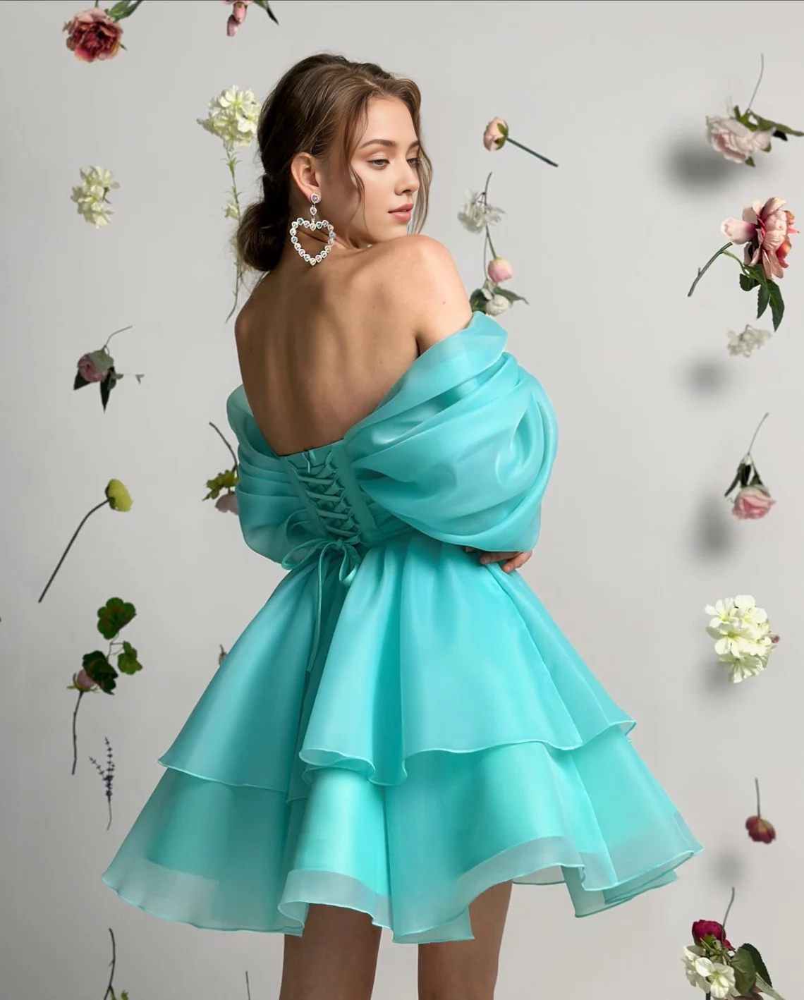 A-line Off Shoulder Sleeveless Multi Layer V Neck Elegant Short Homecoming Prom Dress