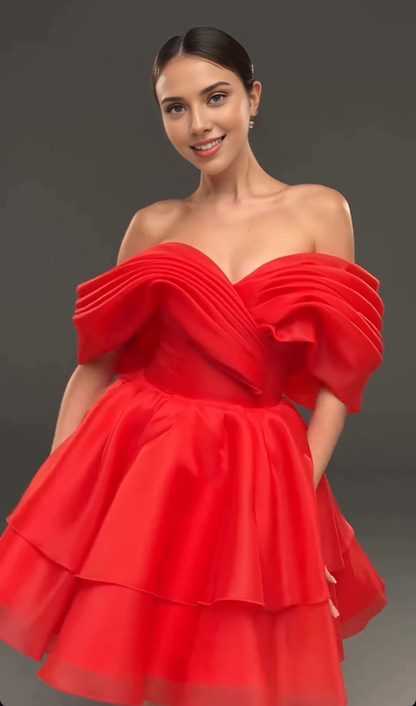 A-line Off Shoulder Sleeveless Multi Layer V Neck Elegant Short Homecoming Prom Dress