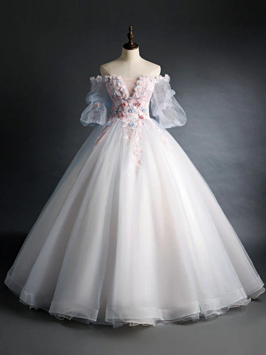 A-line Off Shoulder Strapless Short Sleeves Tulle Lace Applique Long Prom Dress