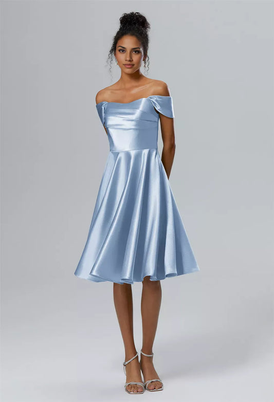 A-line Off the Shoulder Knee Length Cap Sleeves Prom Dresses Satin Chic Ruching Petite Homecoming Dresses With Sleeves