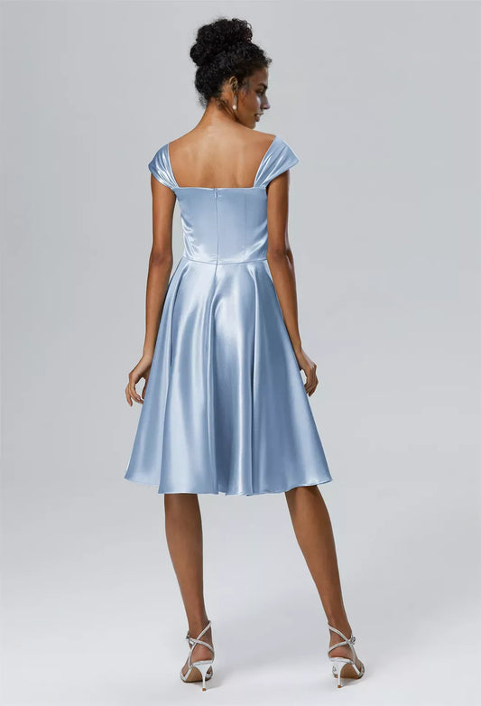 A-line Off the Shoulder Knee Length Cap Sleeves Prom Dresses Satin Chic Ruching Petite Homecoming Dresses With Sleeves