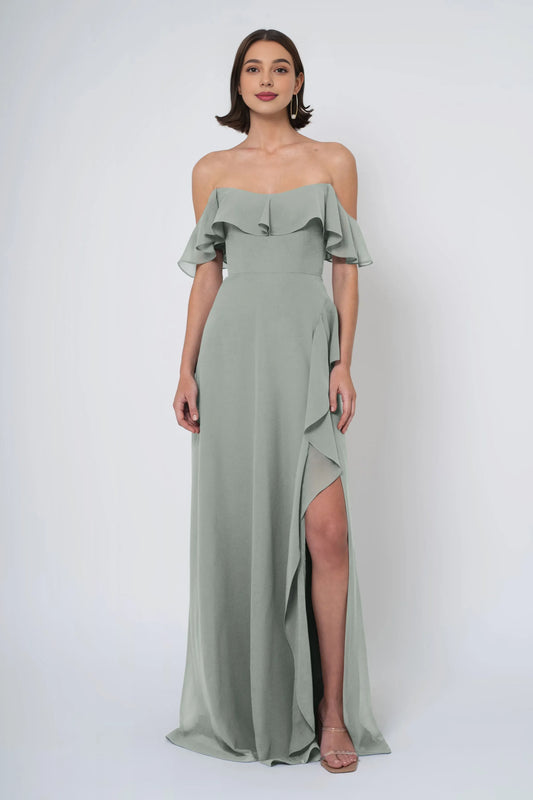 A-line Off the Shoulder Scoop Neck With Ruffle Sleeve Slit Trendy Floor Length Ball Gowns Backless Beautiful Floor Length Prom Dresses