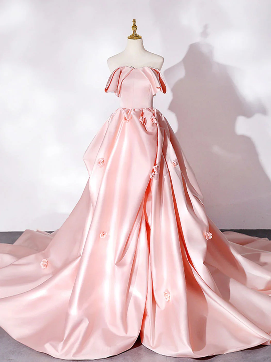 A-line Pink Off-the-Shoulder Long Train Satin Long Prom Dress With Flower