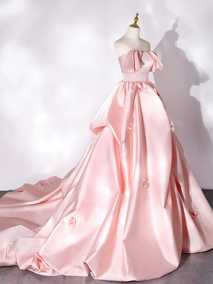 A-line Pink Off-the-Shoulder Long Train Satin Long Prom Dress With Flower