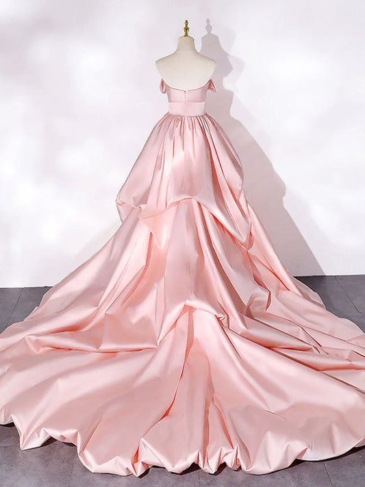 A-line Pink Off-the-Shoulder Long Train Satin Long Prom Dress With Flower
