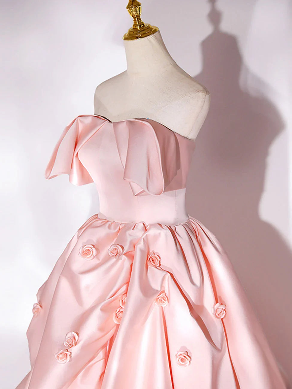 A-line Pink Off-the-Shoulder Long Train Satin Long Prom Dress With Flower