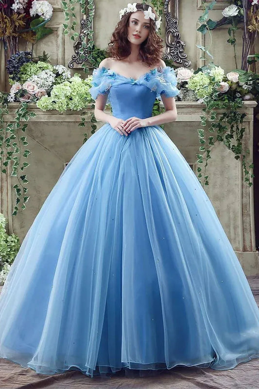 A-line Princess Blue Off-the-shoulder Butterfly Tulle Ball Gown Prom Dress